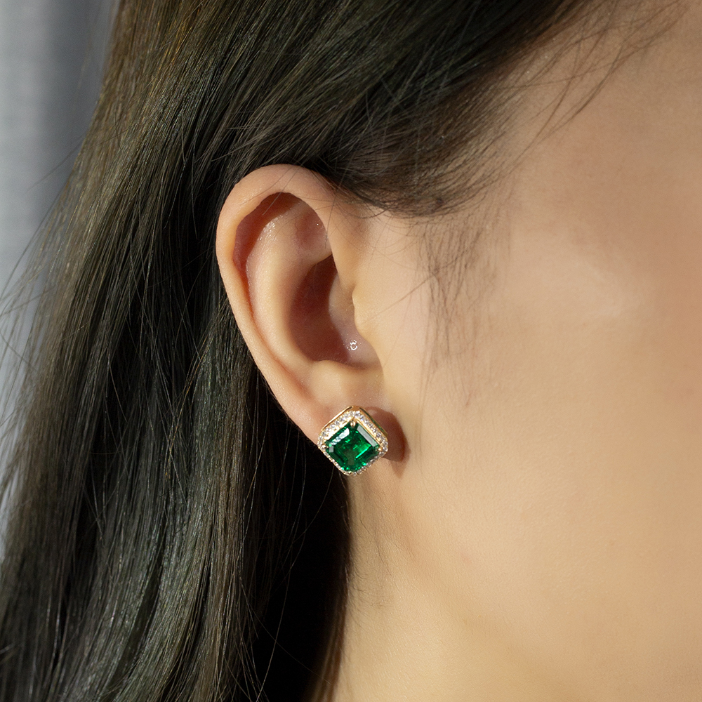Asscher Shape Lab Emerald 18K Gold Earrings MSE-774