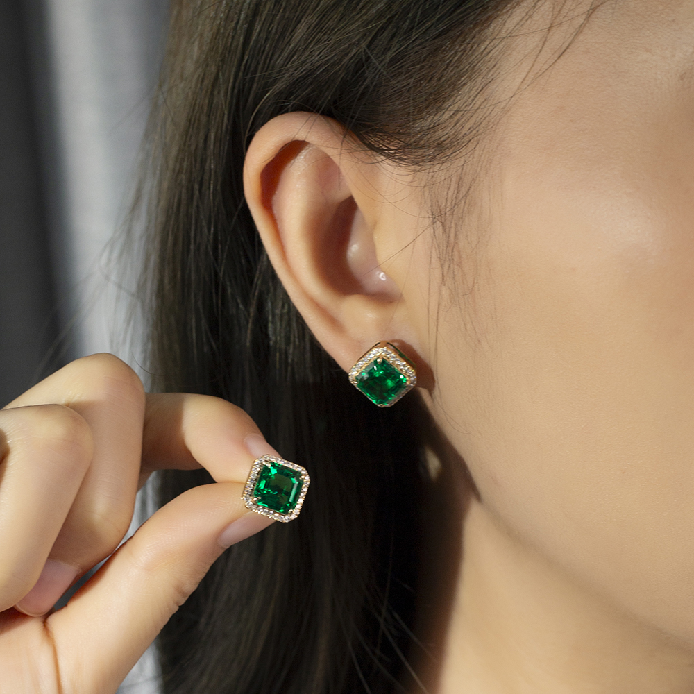 Asscher Shape Lab Emerald 18K Gold Earrings MSE-774