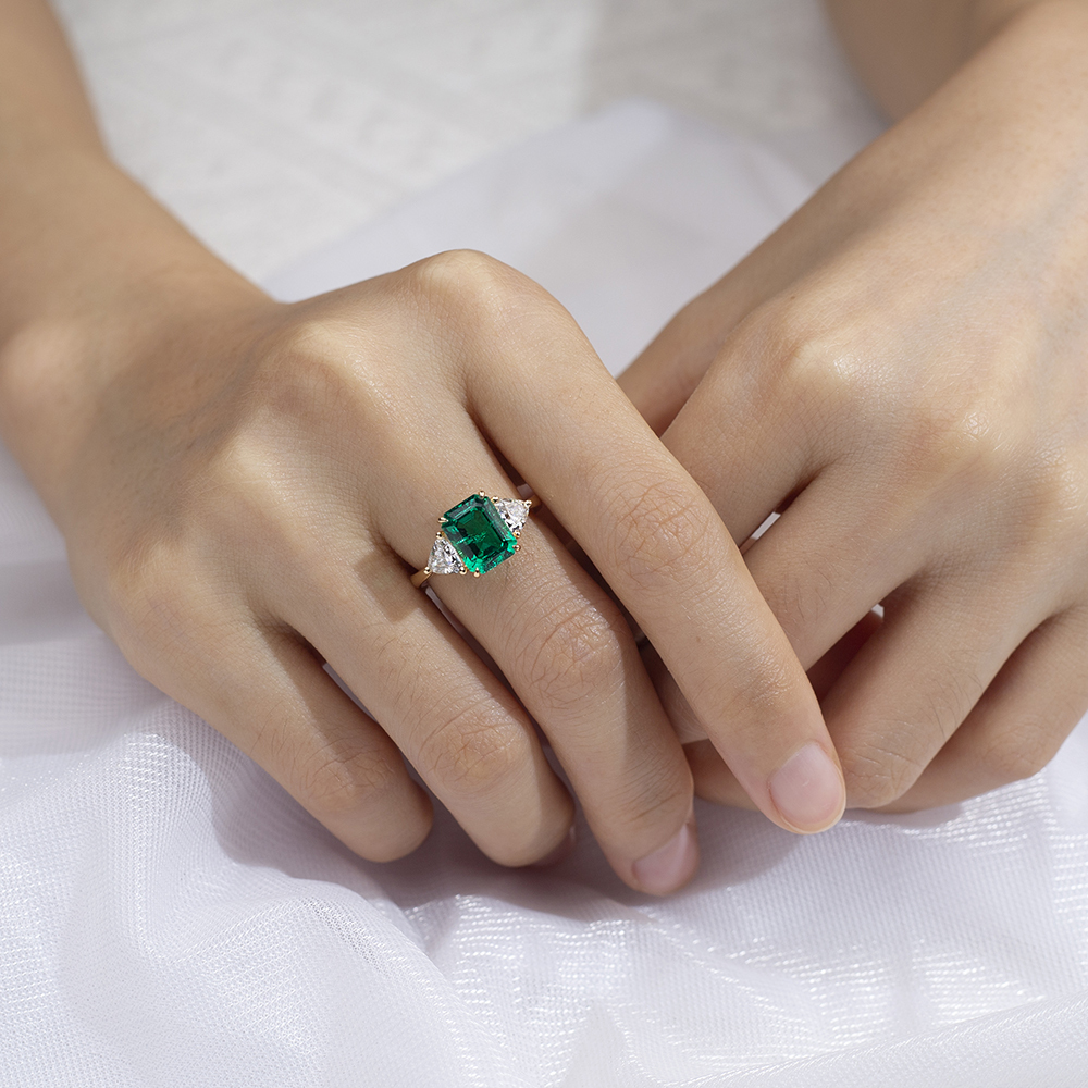 Emerald Cut Lab Grown Emerald 3CT Three stone 18K White Gold Ring MSR-1157
