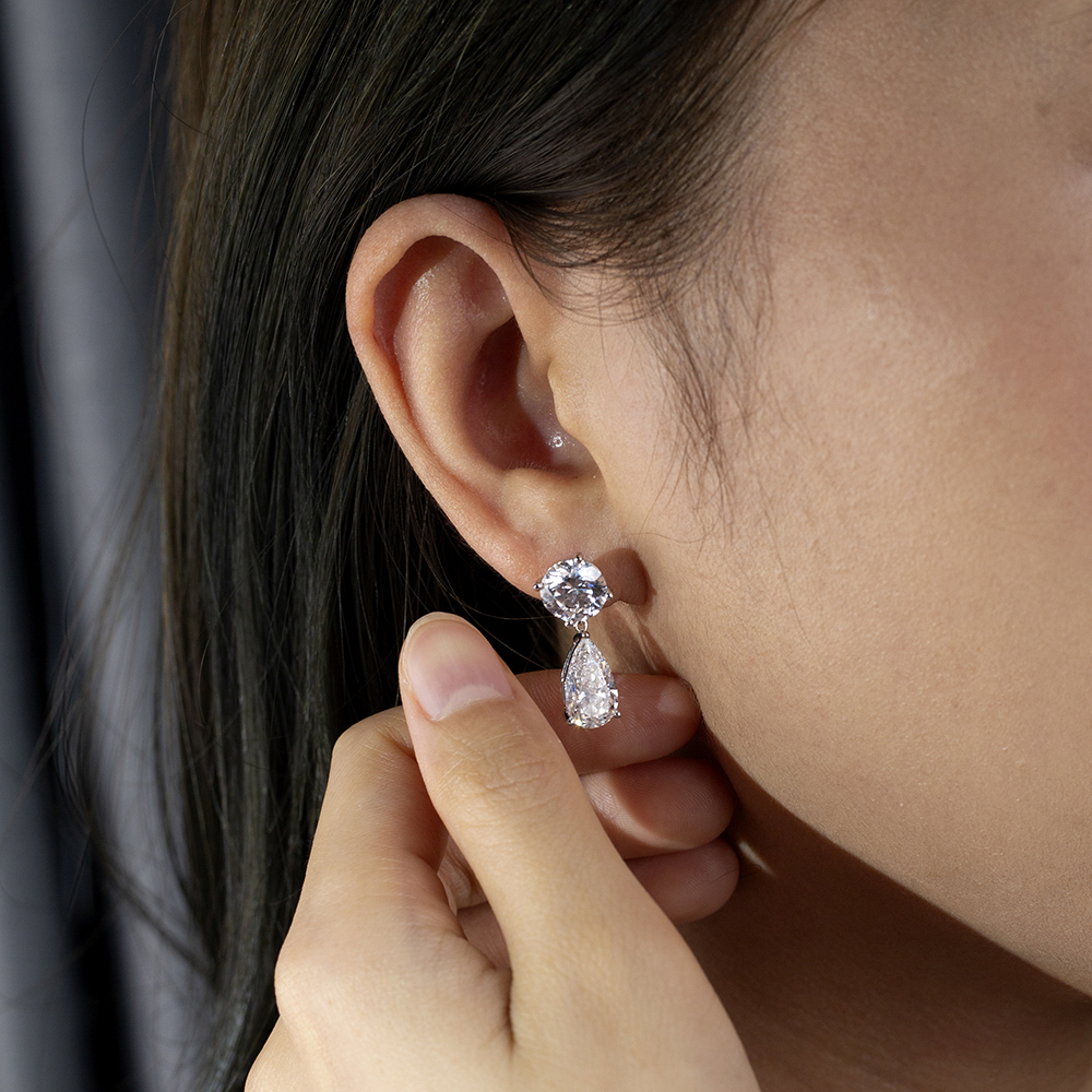 Pear/Round Shape Lab Grown Diamond 2.03 Carats D VVS2 Friction Post 18K White Gold Earrings MSE-774