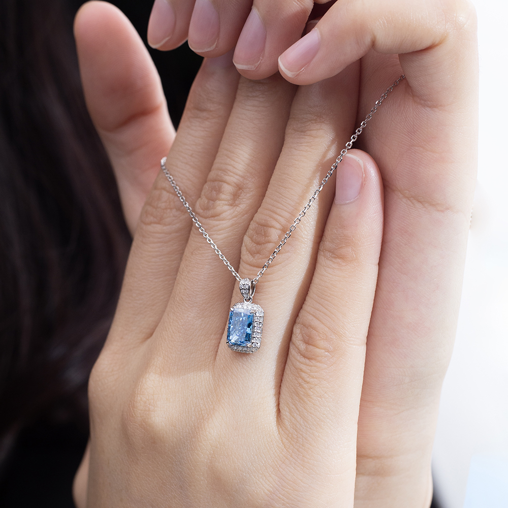 MissDiamond Radiant Cut Lab Grown Diamond 1.025CT B VS Blue Platinum Pendant Necklace MSN-950