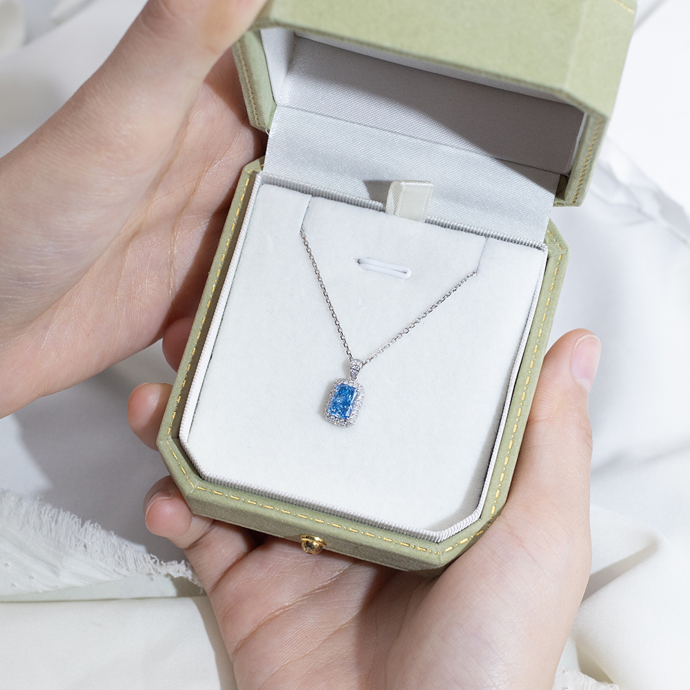 MissDiamond Radiant Cut Lab Grown Diamond 1.025CT B VS Blue Platinum Pendant Necklace MSN-950