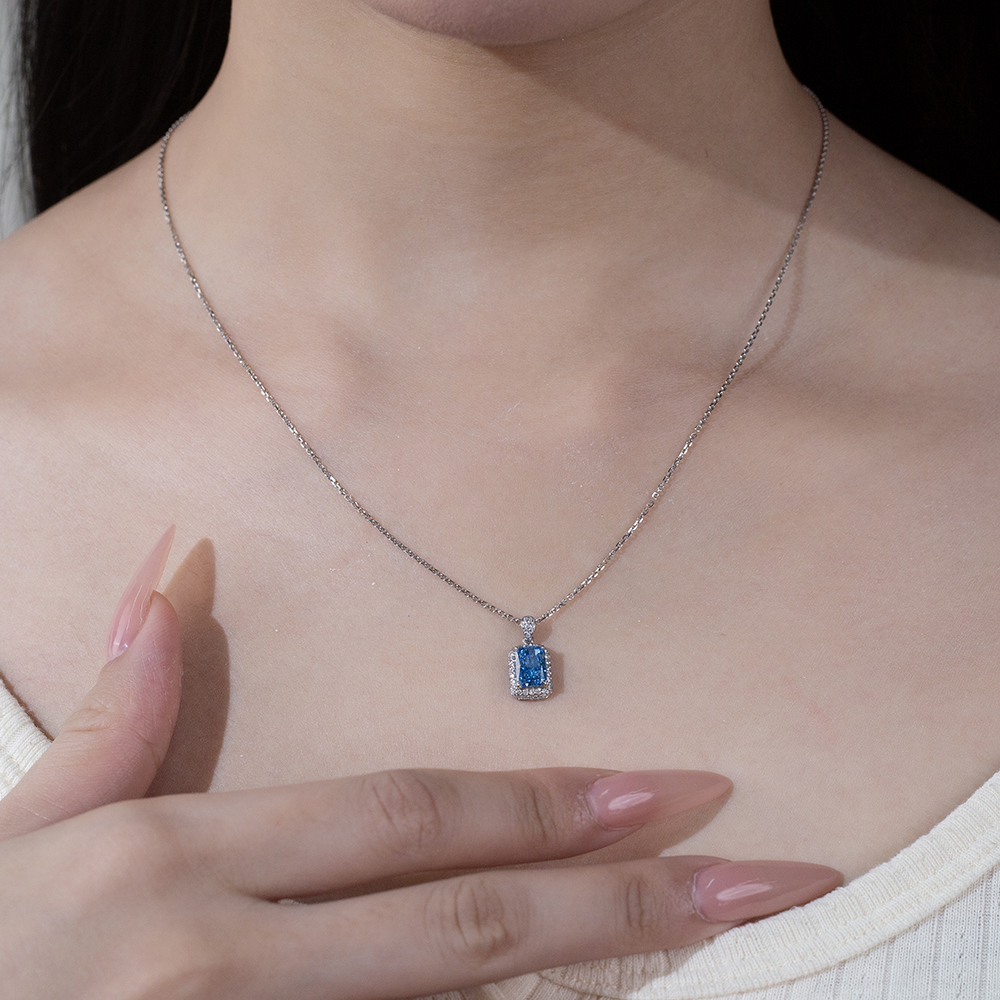 MissDiamond Radiant Cut Lab Grown Diamond 1.025CT B VS Blue Platinum Pendant Necklace MSN-950