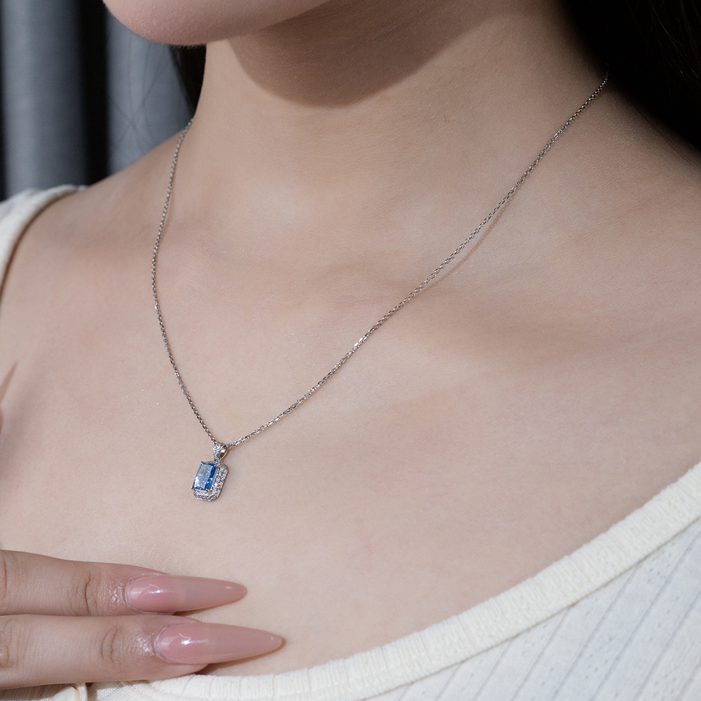 MissDiamond Radiant Cut Lab Grown Diamond 1.025CT B VS Blue Platinum Pendant Necklace MSN-950