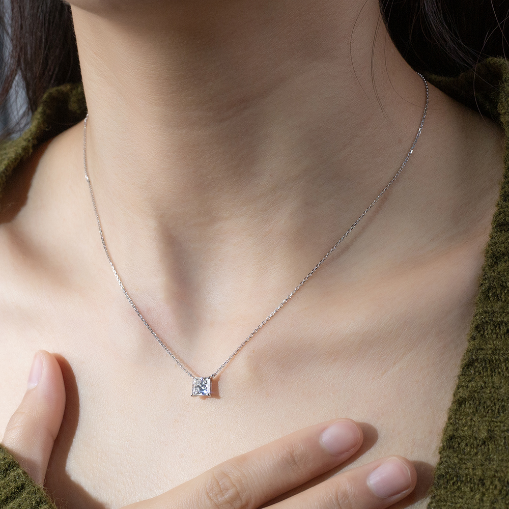 MissDiamond Princess Cut Lab Grown Diamond 1CT 9K White Gold Pendant Necklace MSN-954