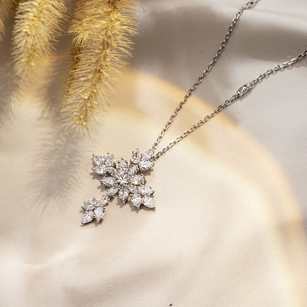 Fancy Shape Cross Pendant Lab Grown Diamond E VVS2 18K White Gold Necklace MSN-843