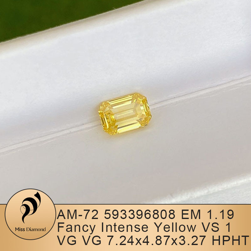 MissDiamond HPHT LG593396808 Emerald Shape 1.19CT Fancy Intense Yellow VS1 VG VG Lab Grown Diamond