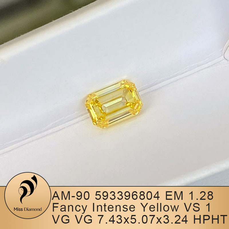 MissDiamond HPHT LG593396804 Emerald Shape 1.28CT Fancy Intense Yellow VS1 VG VG Lab Grown Diamond