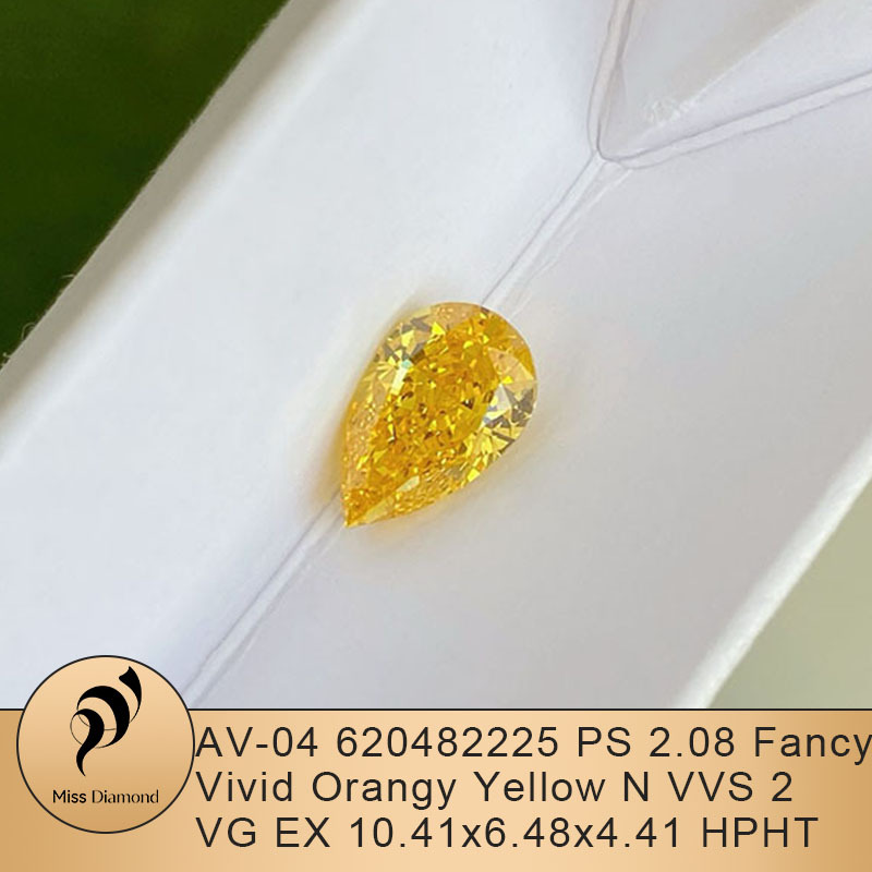 MissDiamond HPHT LG620482225 Pear Shape 2.08CT Fancy Vivid Orangy Yellow VVS2 VG EX Lab Grown Diamond