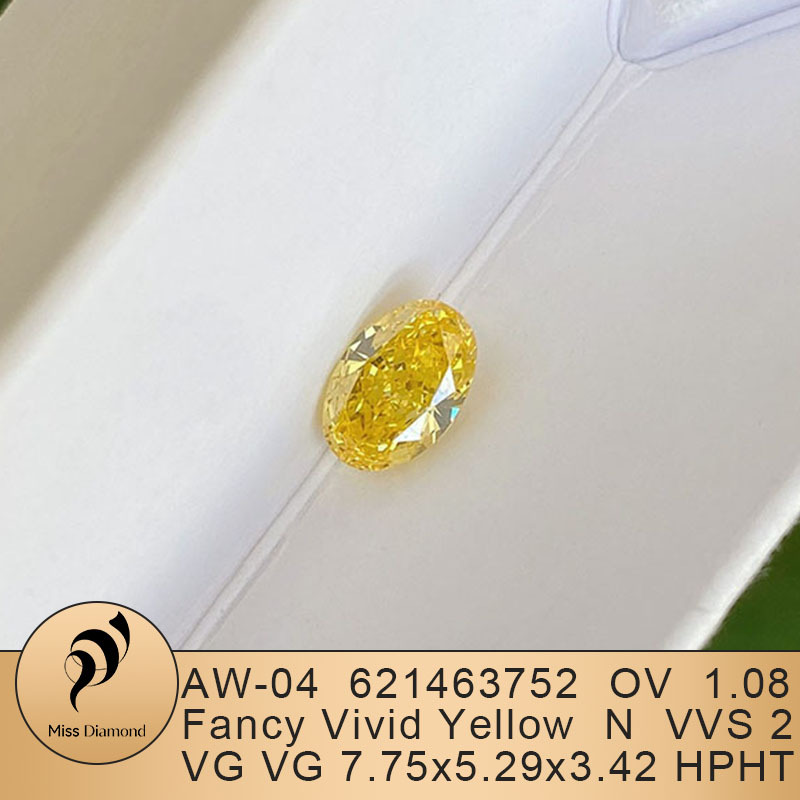 MissDiamond HPHT LG621463752 Oval Shape 1.08CT Fancy Vivid Yellow VVS2 VG VG Lab Grown Diamond