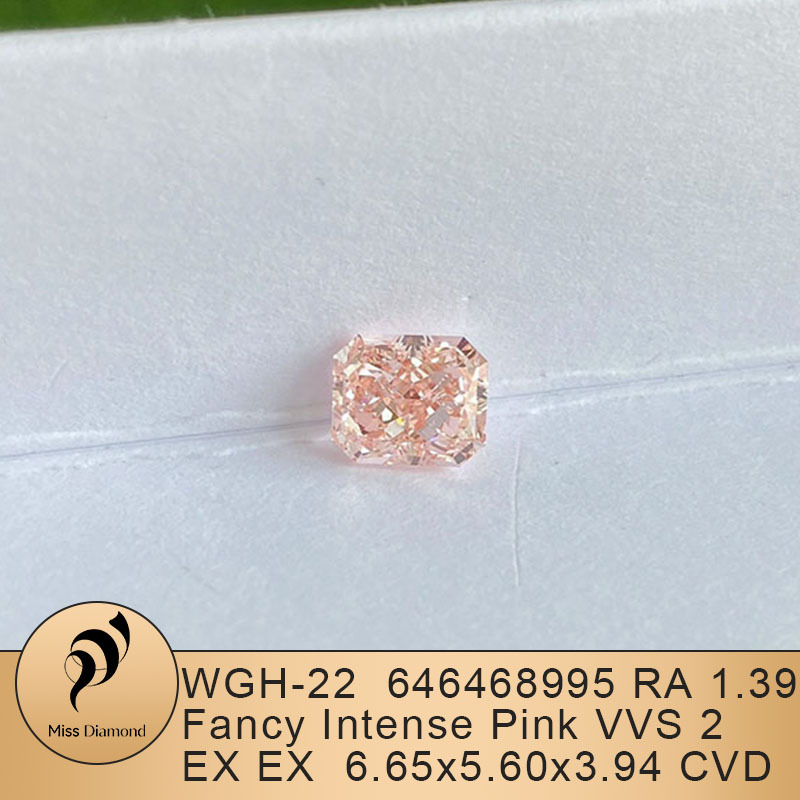 MissDiamond HPHT LG646468995 Radiant Shape 1.39CT Fancy Intense Pink VVS2 EX EX Lab Grown Diamond