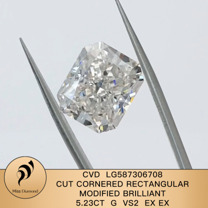 MissDiamond CVD LG587306708 Radiant Cut 5.23CT G VS2 EX EX Lab Grown Diamond