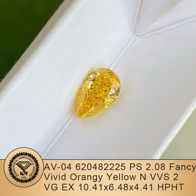 MissDiamond HPHT LG620482225 Pear Shape 2.08CT Fancy Vivid Orangy Yellow VVS2 VG EX Lab Grown Diamond