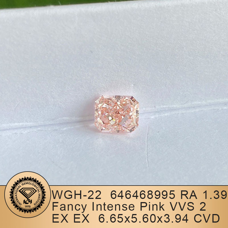 MissDiamond HPHT LG646468995 Radiant Shape 1.39CT Fancy Intense Pink VVS2 EX EX Lab Grown Diamond