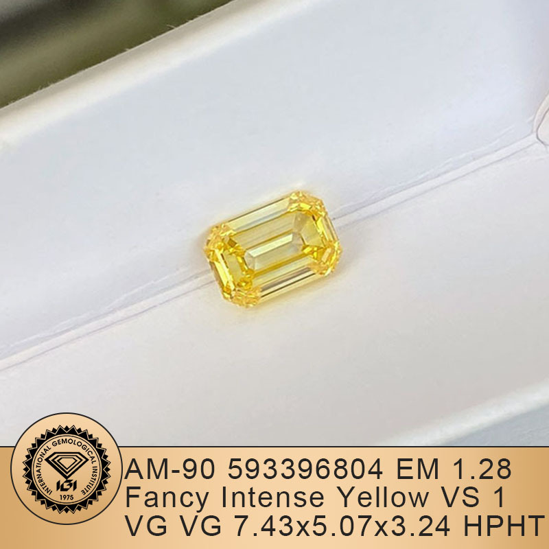 MissDiamond HPHT LG593396804 Emerald Shape 1.28CT Fancy Intense Yellow VS1 VG VG Lab Grown Diamond