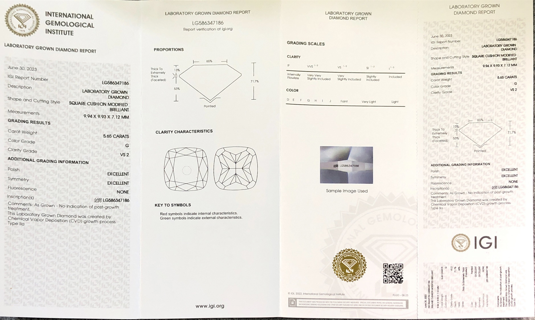MissDiamond CVD LG586347186 Cushion Cut 5.65CT G VS2 EX EX Lab Grown Diamond