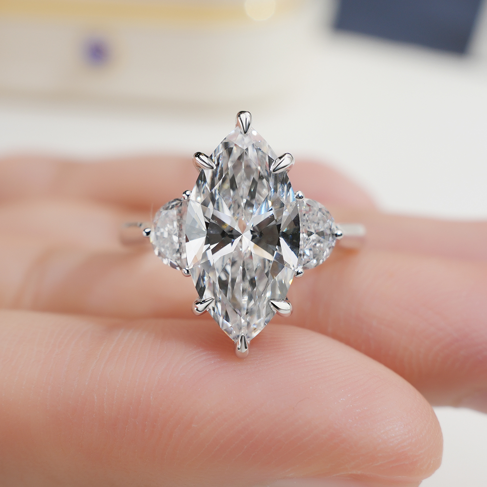 MissDiamond Marquise Cut Lab Grown Diamond 18K White Gold Three Stone Ring MSR-1960