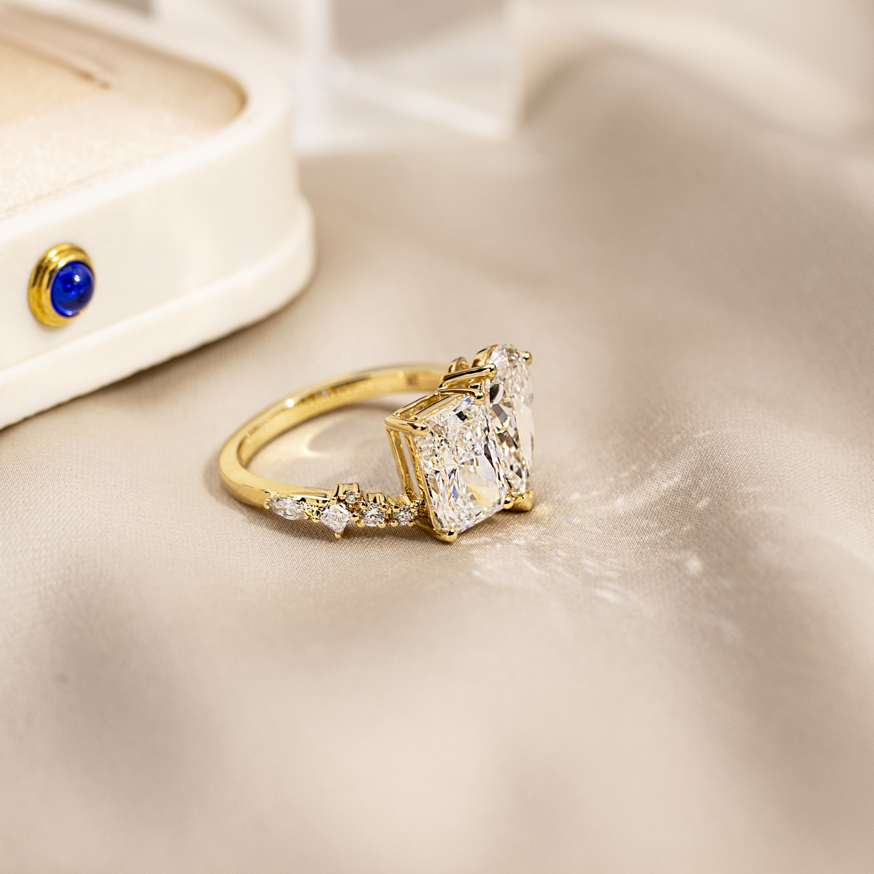 Radiant Cut Lab Grown Diamond 2CT F VS1 Two Stones 18K White Gold Ring MSR-1409