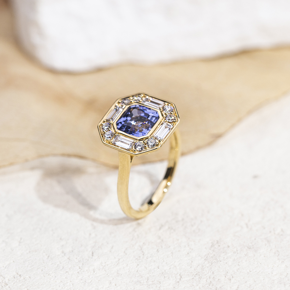 Asscher Cut Lab Grown Sapphire 2.5CT Halo 18K White Gold Ring MSR-1679