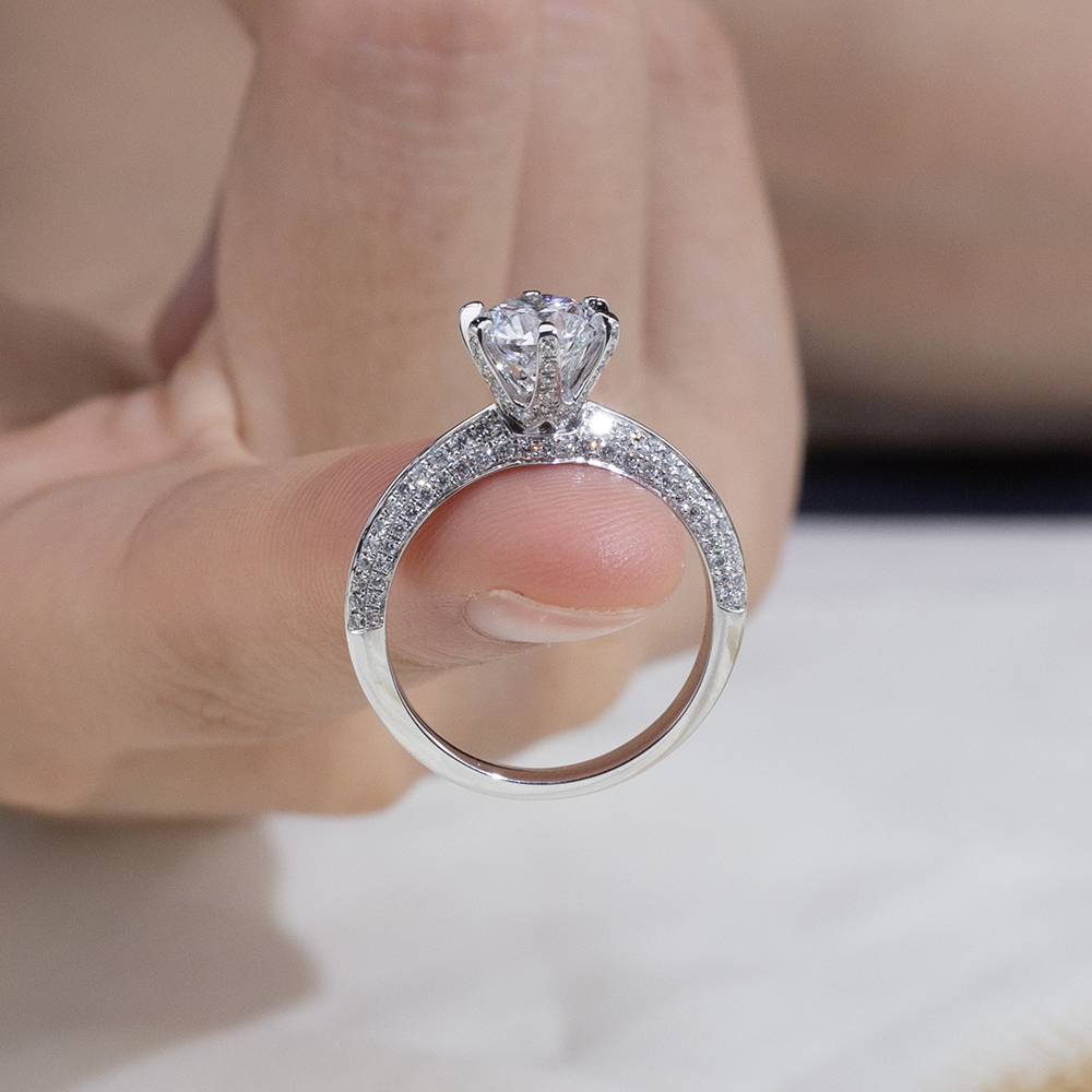 MissDiamond Round Cut Lab Grown Diamond 1.3CT D VS2 Platinum  Accented Solitaire Ring MSR-1665