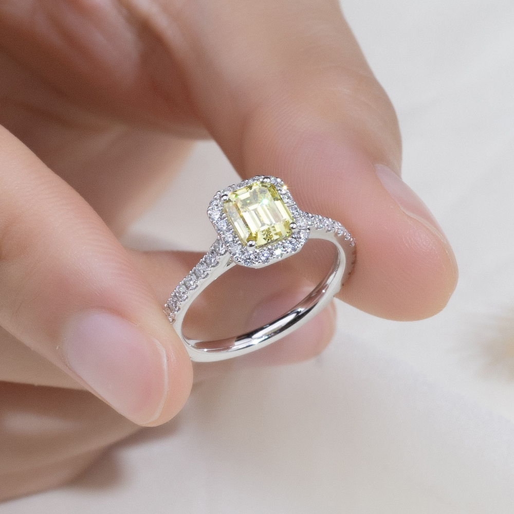 MissDiamond Emerald Cut Lab Grown Diamond 1.18CT 18K White Gold Halo Ring MSR-1478