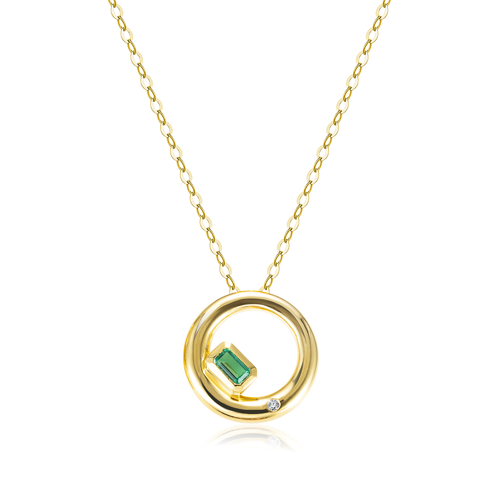 Octagon Shape Lab Emerald S925 Silver Yellow colour Round Pendant Necklace MSN-844