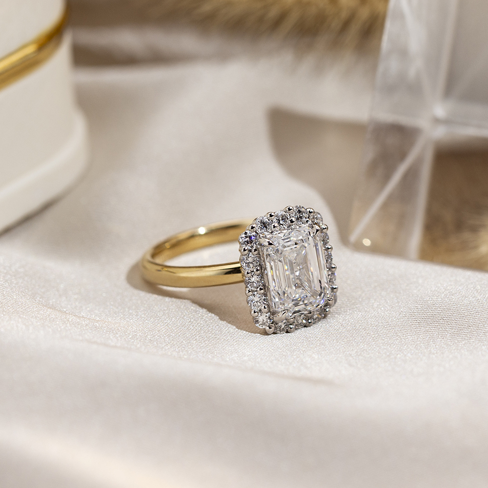 Emerald Cut Lab Grown Diamond 2.19CT Halo E VS1 18K Yellow Gold Ring MSR-1683