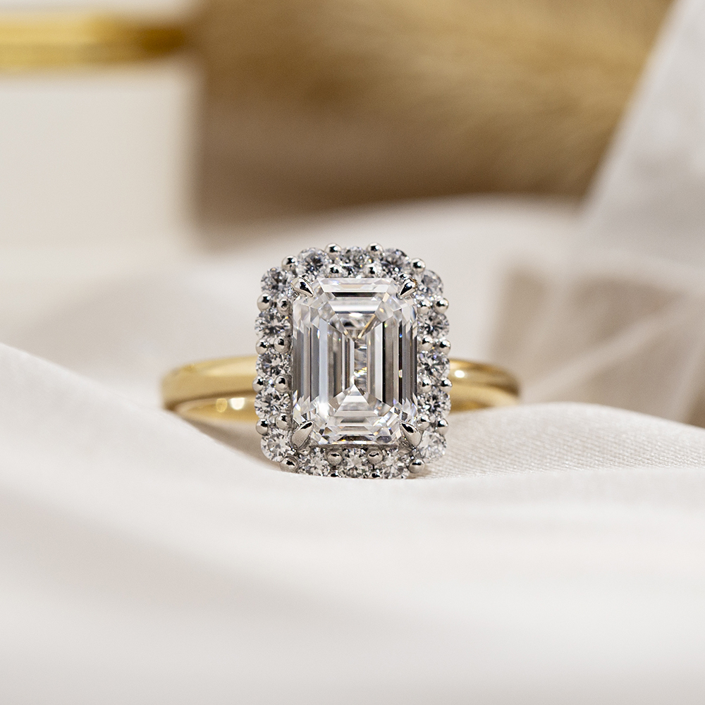 Emerald Cut Lab Grown Diamond 2.19CT Halo E VS1 18K Yellow Gold Ring MSR-1683