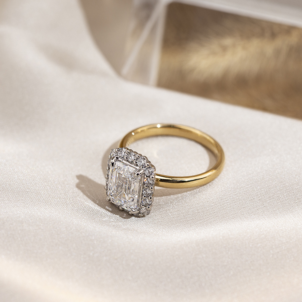 Emerald Cut Lab Grown Diamond 2.19CT Halo E VS1 18K Yellow Gold Ring MSR-1683