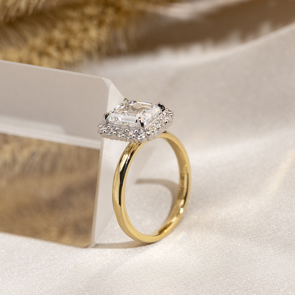 Emerald Cut Lab Grown Diamond 2.19CT Halo E VS1 18K Yellow Gold Ring MSR-1683