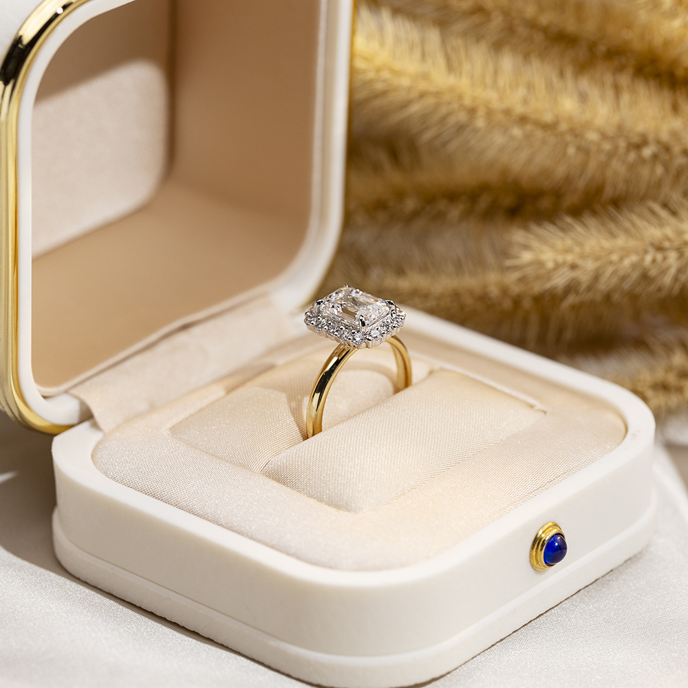 Emerald Cut Lab Grown Diamond 2.19CT Halo E VS1 18K Yellow Gold Ring MSR-1683