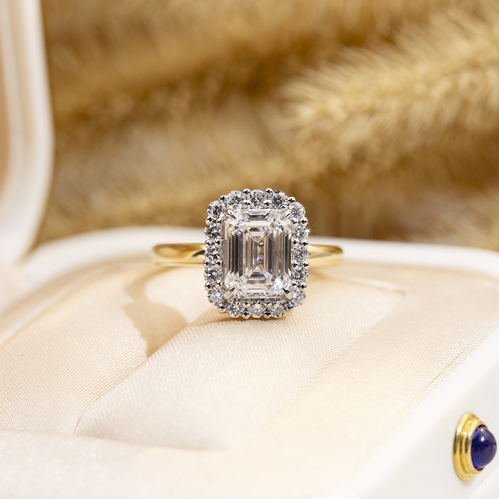 Emerald Cut Lab Grown Diamond 2.19CT Halo E VS1 18K Yellow Gold Ring MSR-1683
