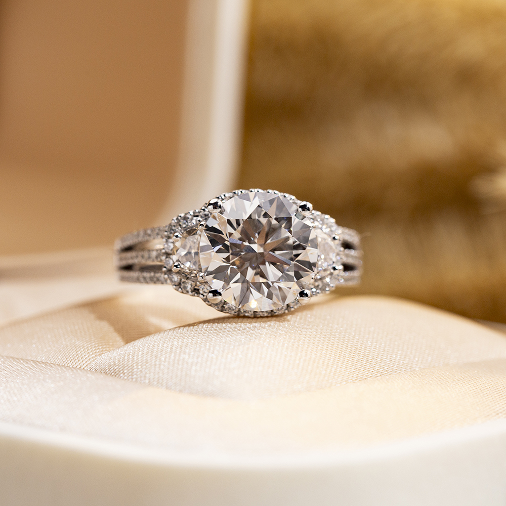 Round Cut Lab Grown Diamond 3CT Halo D VVS2 18K White Gold Three Rows Ring MSR-1681