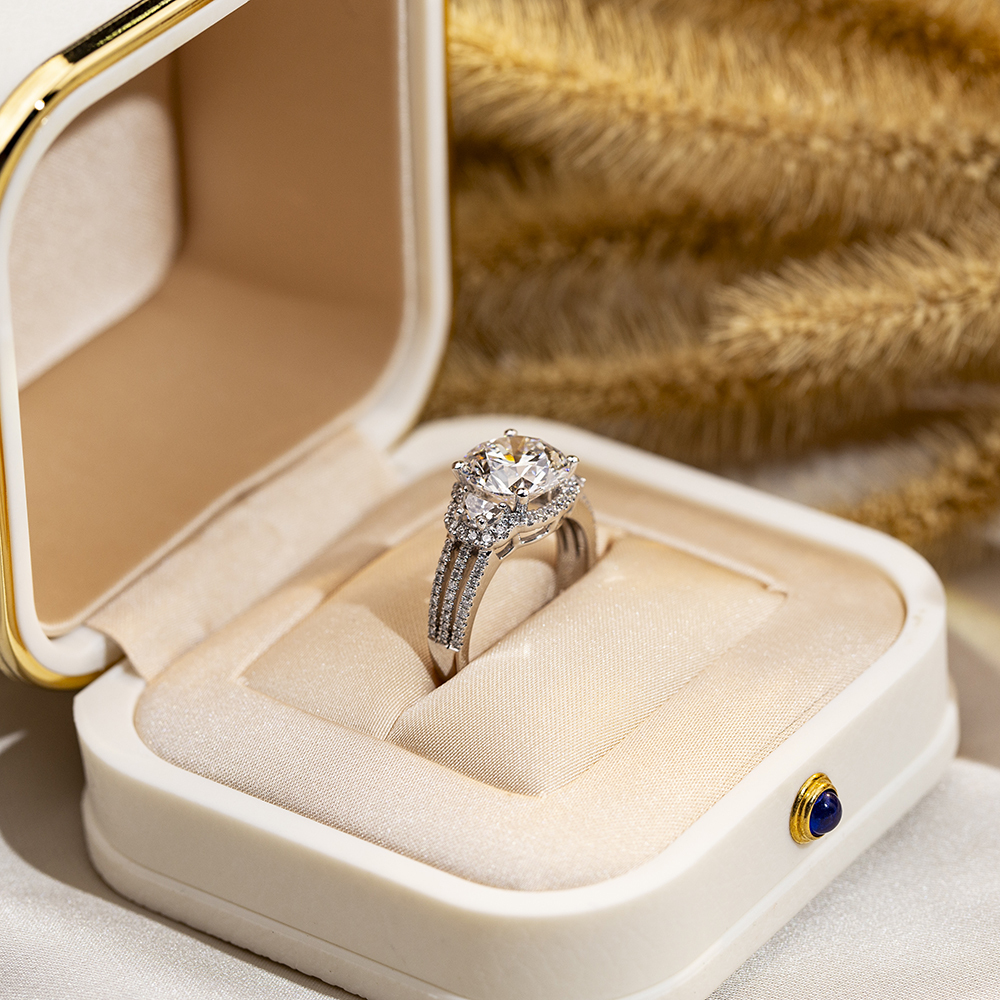 Round Cut Lab Grown Diamond 3CT Halo D VVS2 18K White Gold Three Rows Ring MSR-1681