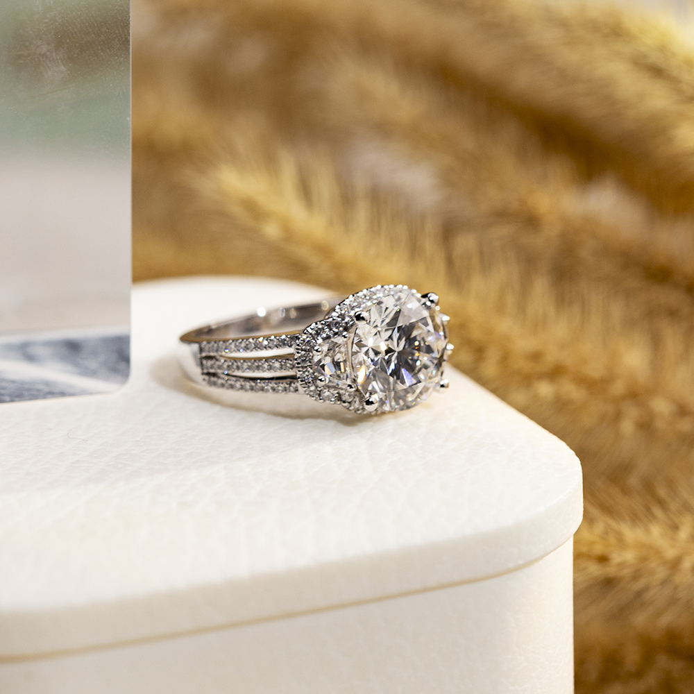 Round Cut Lab Grown Diamond 3CT Halo D VVS2 18K White Gold Three Rows Ring MSR-1681