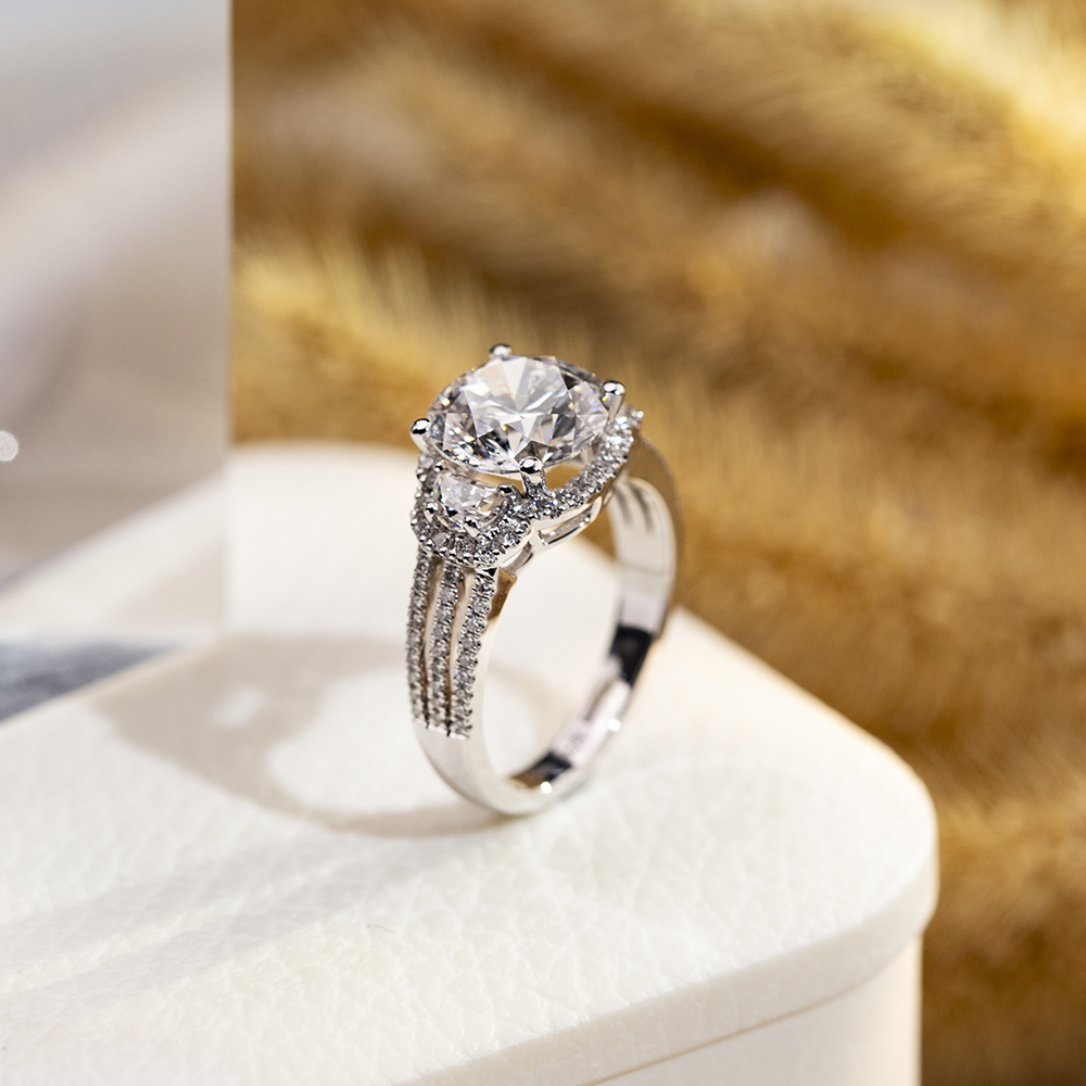 Round Cut Lab Grown Diamond 3CT Halo D VVS2 18K White Gold Three Rows Ring MSR-1681