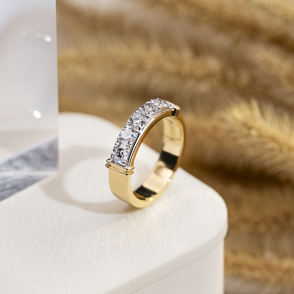 Round Cut Lab Grown Diamond Half Eternity D VVS 18K Yellow Gold Ring MSR-1682
