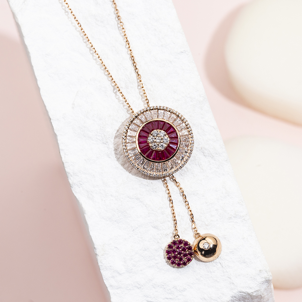 Fancy Shape Lab Diamond E VVS2 Lab Ruby 18K Rose Gold Necklace MSN-850