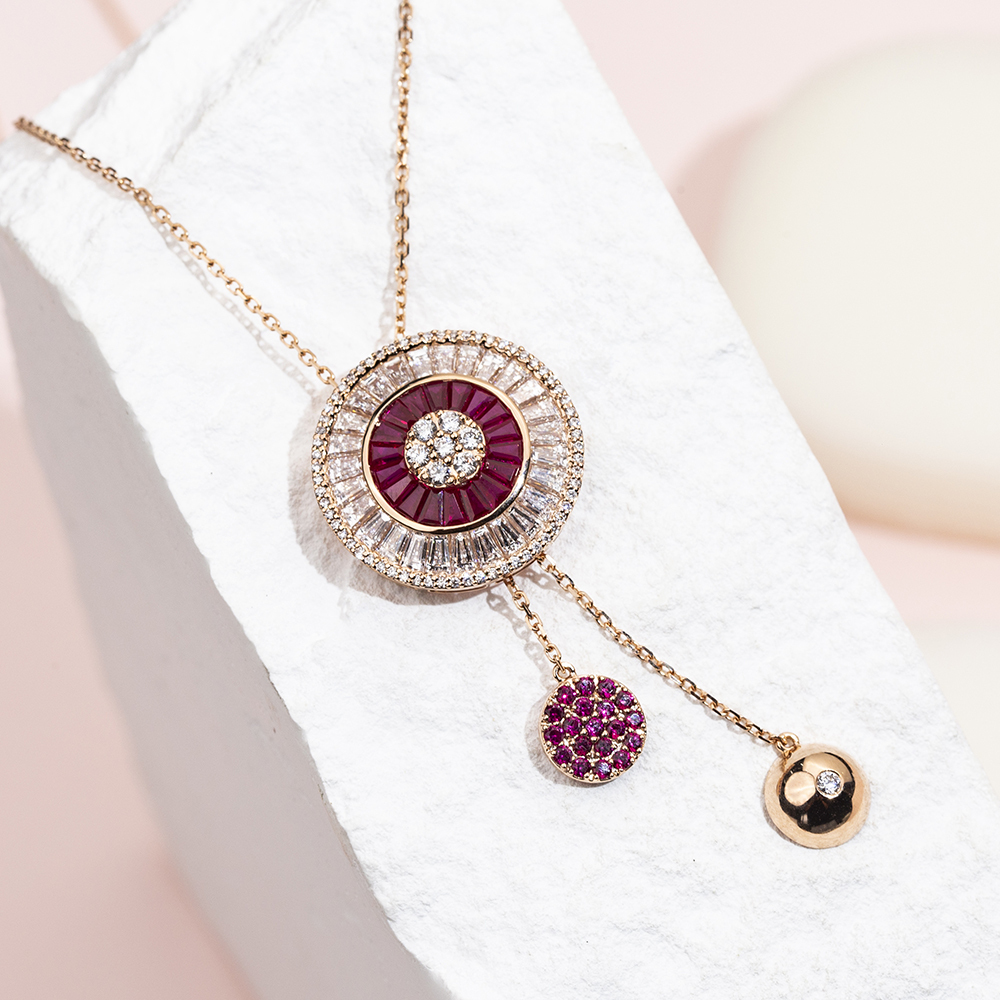 Fancy Shape Lab Diamond E VVS2 Lab Ruby 18K Rose Gold Necklace MSN-850
