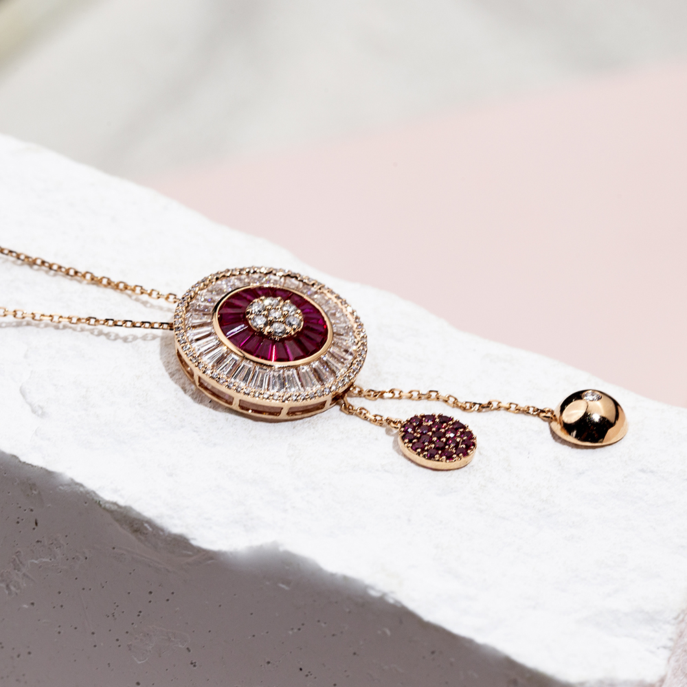 Fancy Shape Lab Diamond E VVS2 Lab Ruby 18K Rose Gold Necklace MSN-850