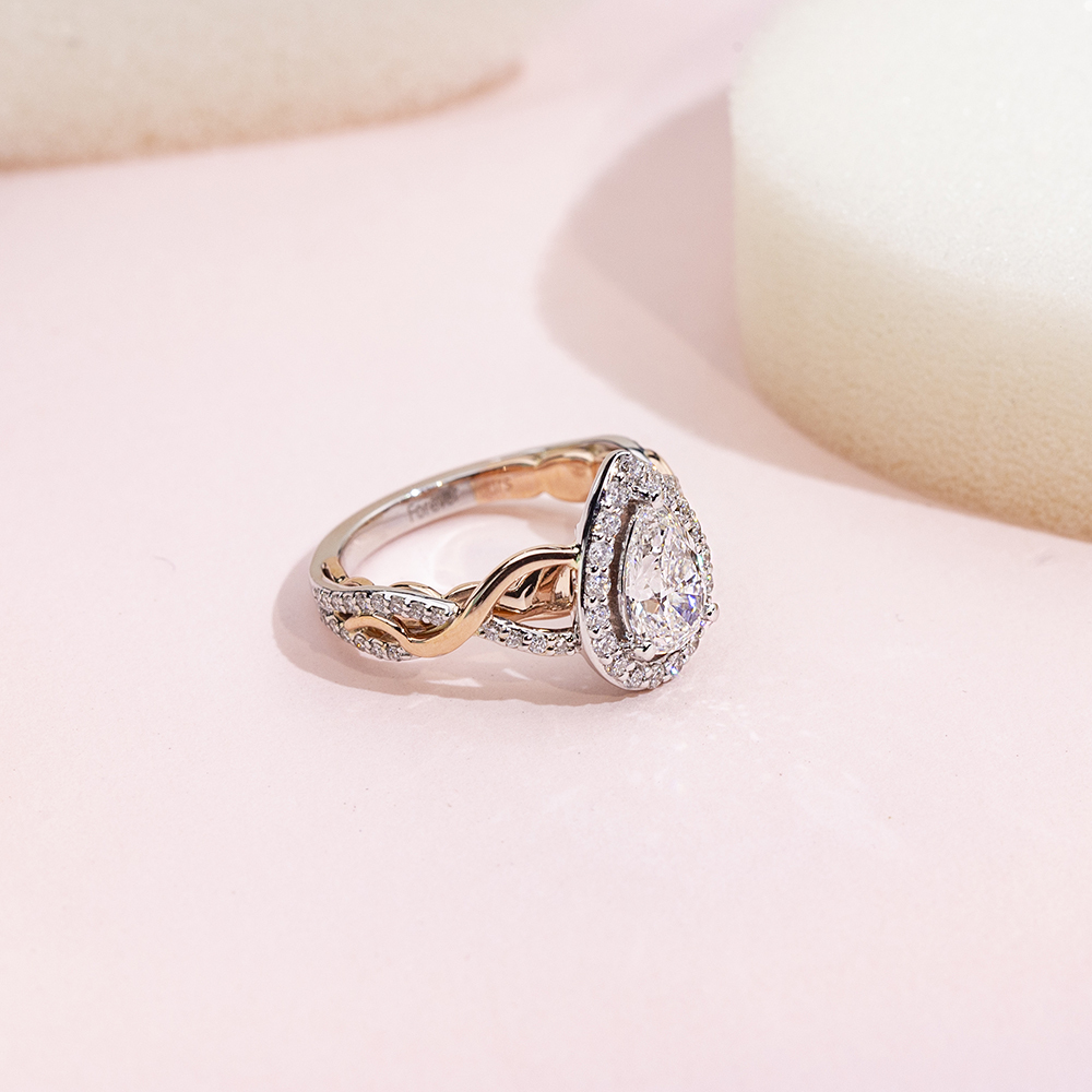 Pear Cut Lab Grown Diamond 1.02CT Halo E VVS2 18K White Gold Ring MSR-1688