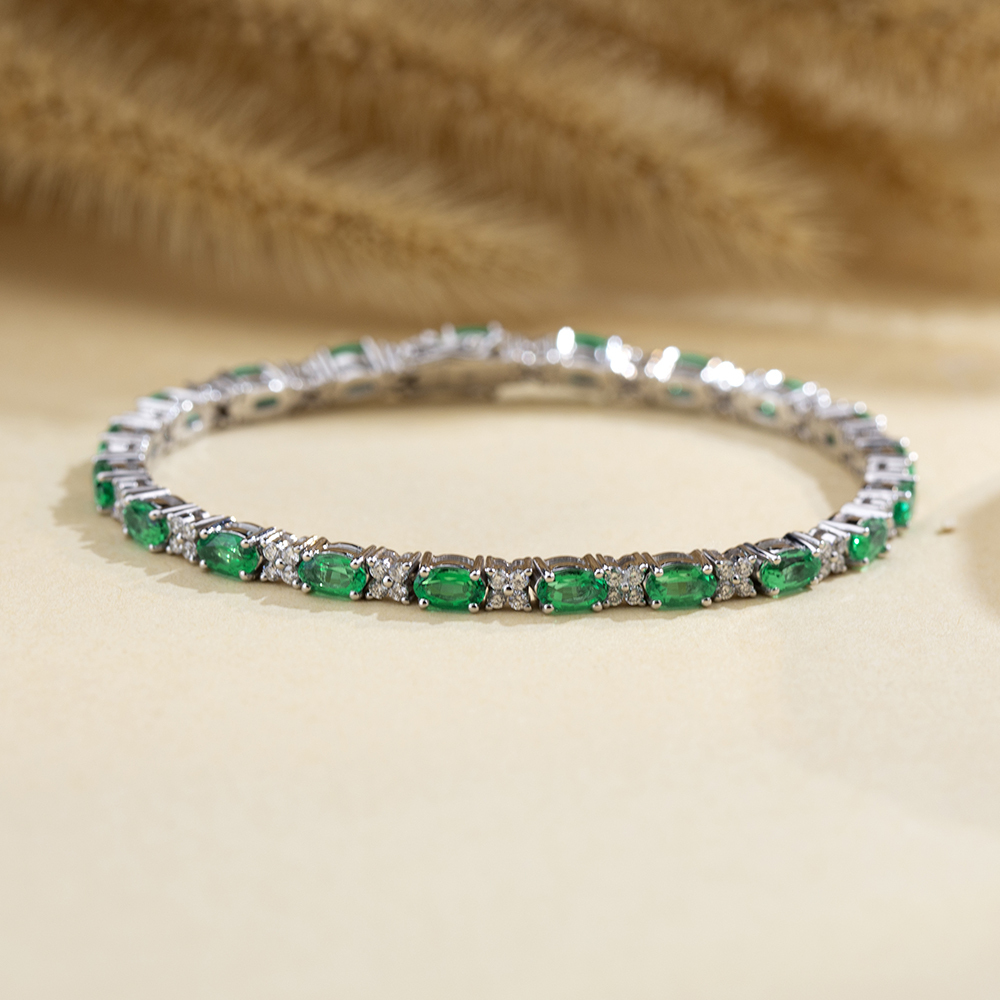 MissDiamond Oval Shape Lab Emerald 18K Gold 160mm Tennis Bracelet MSB-627