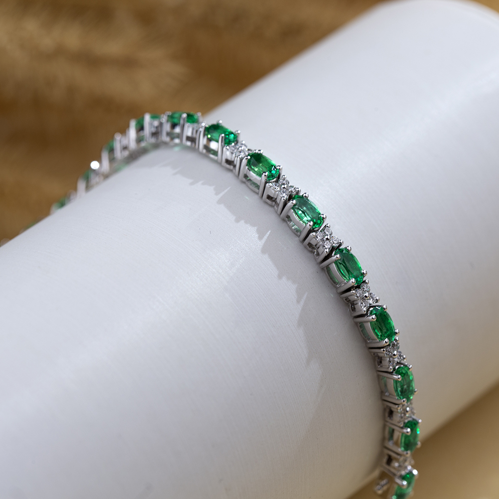 MissDiamond Oval Shape Lab Emerald 18K Gold 160mm Tennis Bracelet MSB-627