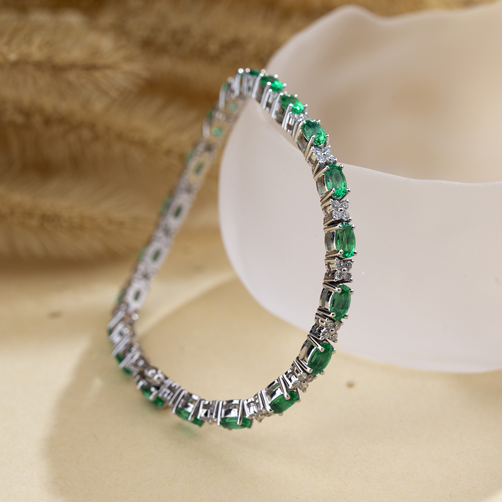 MissDiamond Oval Shape Lab Emerald 18K Gold 160mm Tennis Bracelet MSB-627