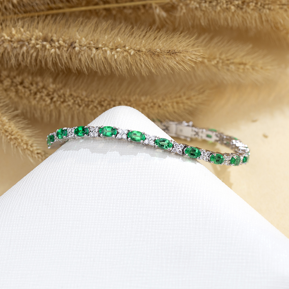 MissDiamond Oval Shape Lab Emerald 18K Gold 160mm Tennis Bracelet MSB-627