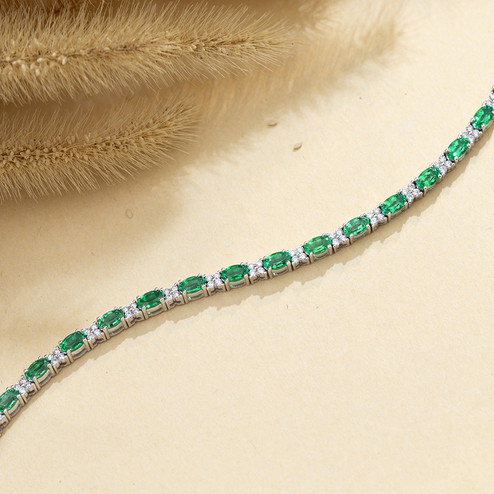 MissDiamond Oval Shape Lab Emerald 18K Gold 160mm Tennis Bracelet MSB-627