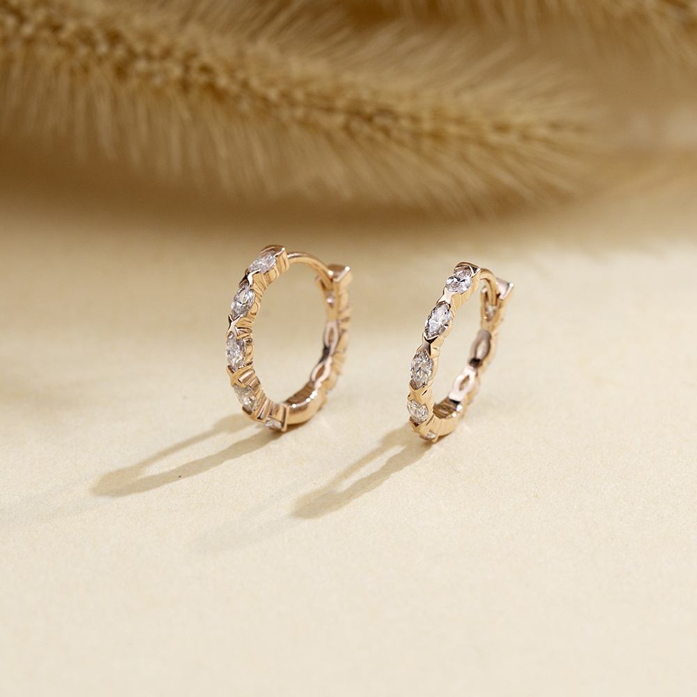 Marquise Shape Lab Grown Diamond D VVS218K Rose Gold Huggies Earrings MSE-781
