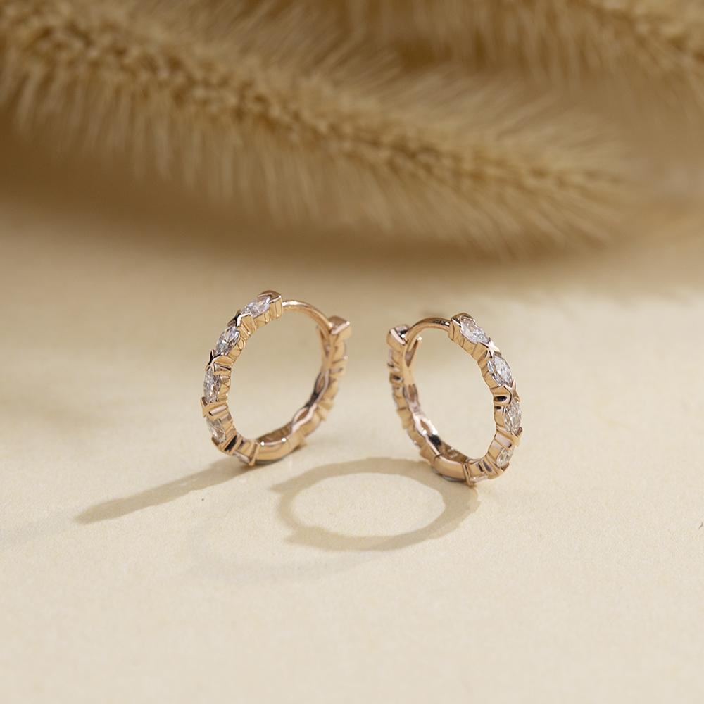 Marquise Shape Lab Grown Diamond D VVS218K Rose Gold Huggies Earrings MSE-781