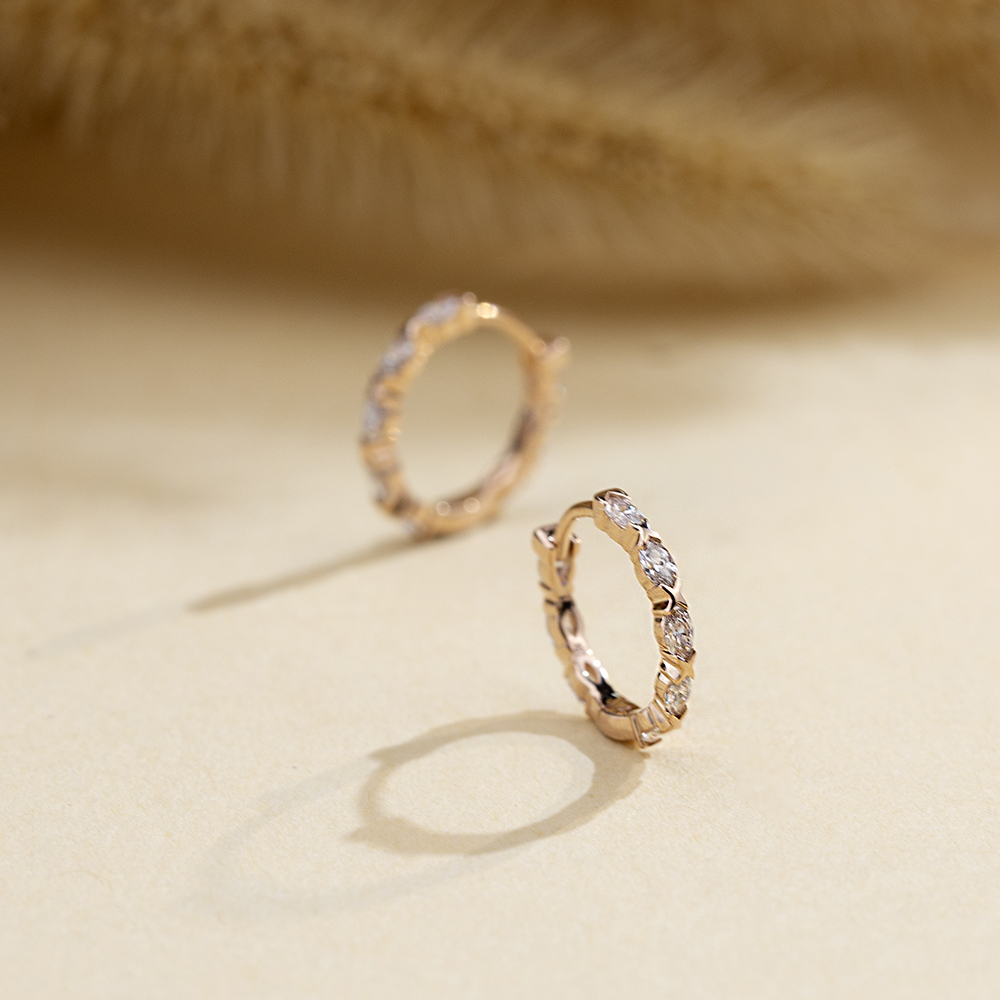 Marquise Shape Lab Grown Diamond D VVS218K Rose Gold Huggies Earrings MSE-781