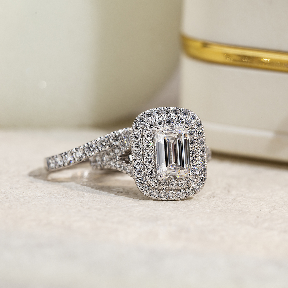 MissDiamond Emerald Cut Lab Grown Diamond 1.5CT Double Halo D VVS2 18K White Gold Ring Set MSR-1690